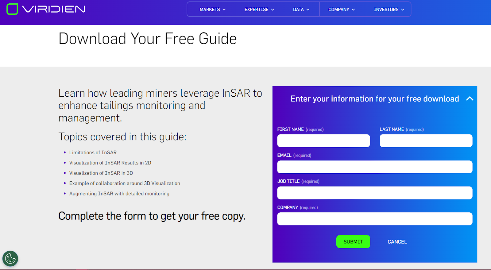 Viridien's guide download page showcasing how miners use InSAR for tailings monitoring, featuring a form for first name, last name, email, job title, and company details.